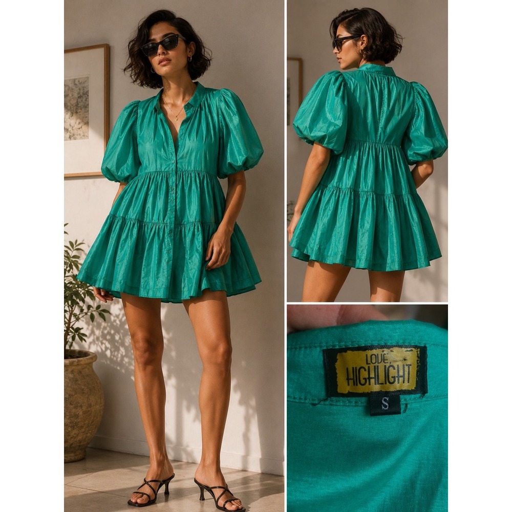 Love Highlight Emerald Green Tiered Puff Sleeve Babydoll Mini Dress D650 Small